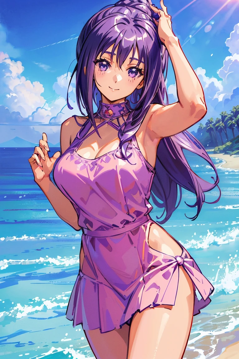 masterpiece, High resolution, Highest quality, Very detailed, Pink Eyes, Beautiful woman, Purple Dress, Beach, Long Hair, race,((masterpiece)),((Ayako Katagiri)),((Katagiri Ayako)),((Mischievous Smile)),Anatomically perfect fingers