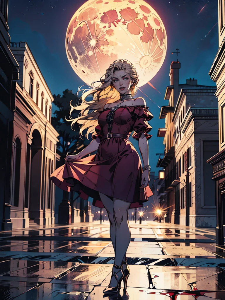 fantasy art, RPG art, photograph, RAW, (Ultra detailed: 1.5), Best Detailed, picture of a female vampire standing in St. Peter in the Vatican, an exquisute beautiful female vampire, full body, (best detailed face: 1.2), (grey skin: 1.2), red lips, (vampiric fangs1:1) (blood veins visible: 1.3), ultra feminie, blond hair, long hair, rich, flowing hair,wavy hair, red glowing eyes, wearing short dress, silk dress, intricate detaled dress, high heels, standing in St. Peter square in Vatican city, at night, full moon, stars in the sky, St. Peter square background, best quality, (extremely detailed), ultra wide shot, photorealism, depth of field, hyper realistic, 2.5 rendering,