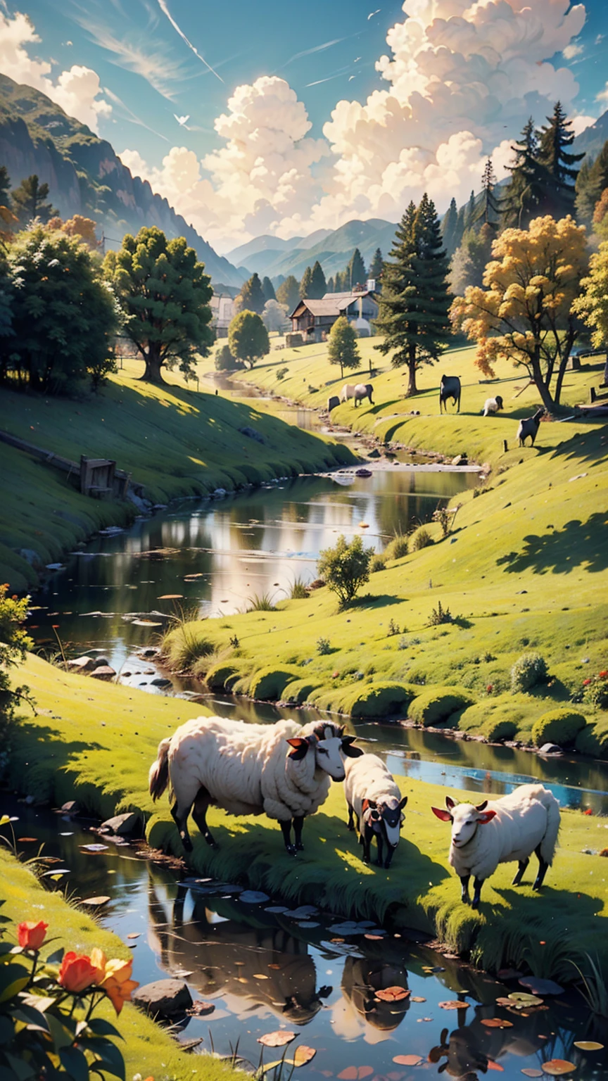 smali(24 year old Caucasian female)He makes his flock of white sheep rest by the stream, Near a vast green pasture, There is a valley of dark clouds in the distance, There's an abyss beneath the valley, Dark Clouds of the Abyss, HD detailed, Super detailed, Soft Light, Deep focus bokeh, Ray Tracing. --v6、Attractive Young Woman, (Beautiful Face:1.1), Detailed eyes, Seductive lips, (eye make up:1.2), (Medium chest:1.0), (Toned body:1.2), Sexy proportions、Narrow waist、Platinum Blonde