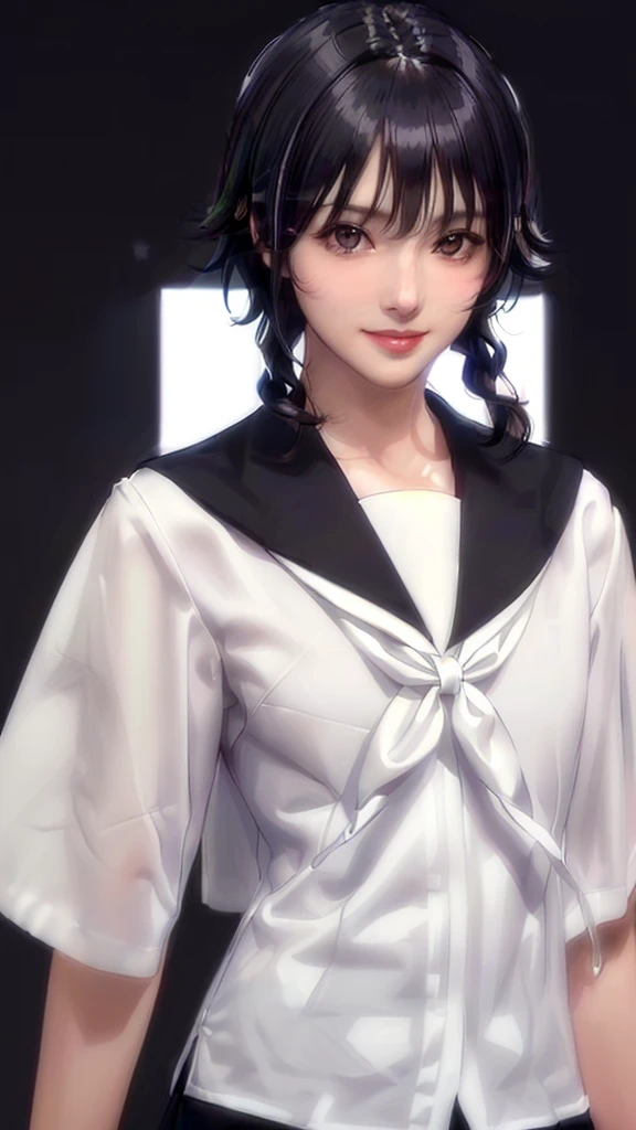 (（（Perfect body,White and tender skin,（（（JK_style，short-sleeved JK_shirt，short-sleeved JK_sailor，JK_suit，JK_tie ）））,（（（sui-feng, short hair, short hair with long locks，Black hair））），((masterpiece)),high resolution, ((Best quality at best)),masterpiece,quality,Best quality,（（（ Exquisite facial features,Looking at the audience,There is light in the eyes,Smile））），）））,（（（Light and shadow,Small chest，）））,（（（Looking at the camera,black background,)））),