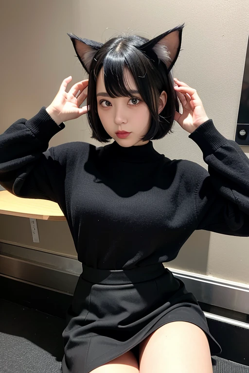 Black short hair, thick, black skirt, droopy eyes, black clothes, cat ears, one girl,