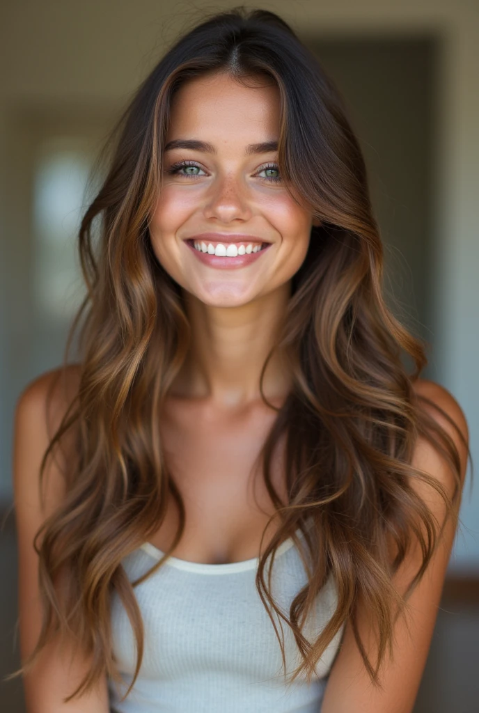 Photo of a beautiful girl with a smile, with long hair, posing hair.