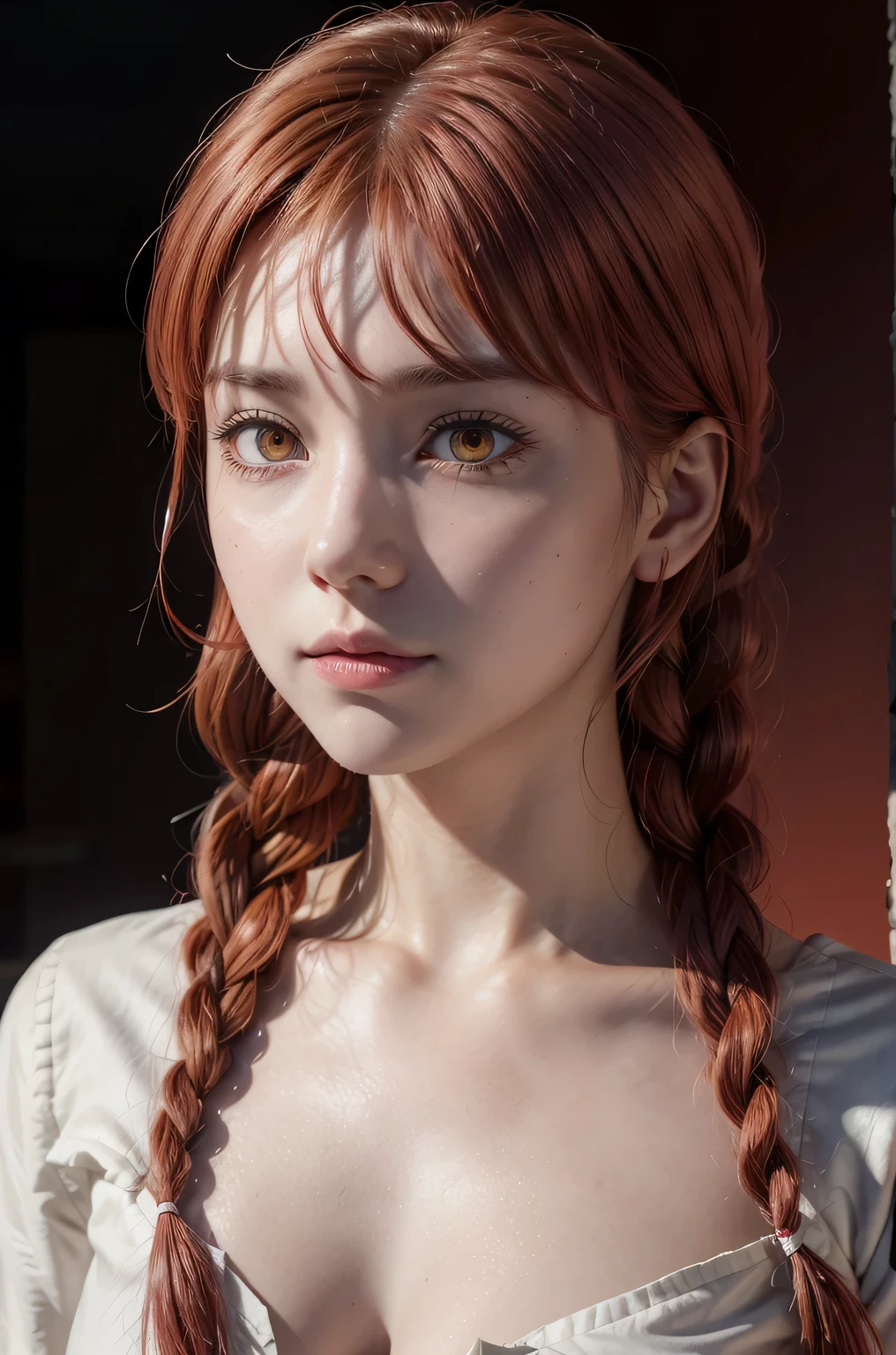 Makima, star eye, blush, perfect illumination, red braided hair, white skin, red eyes, large stif breasts, unreal engine, sidelighting, high detailed body and face, bangs, bright skin, whote button shirt, simple background, dark background, far cowboy shot