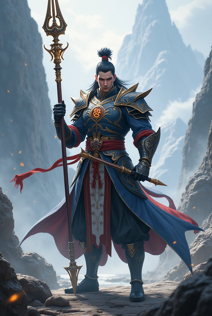 Create a male character from Liyue who wields a three-pronged spear in the style of Genshin Impact.