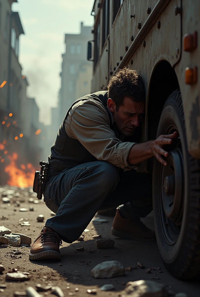 Charles Krause, wounded, trying to take cover behind a vehicle as gunfire erupts around him.