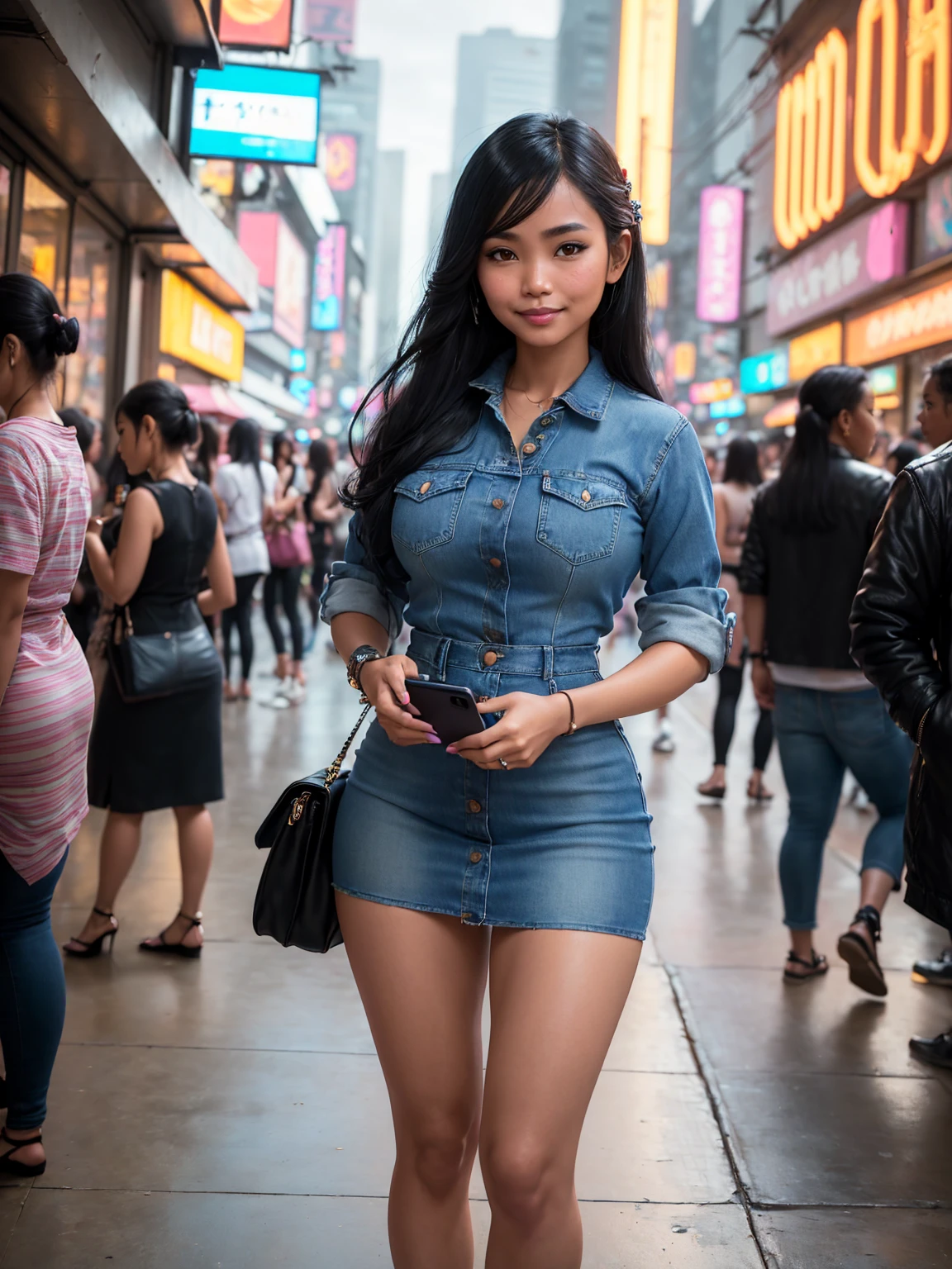 (30 years old, wearing denim dress), ((cute SFW Filipina|Thai woman holding colorful_smartphone, thighs, detailed face and eyeshadow, crowded cyberpunk plaza)), hourglass figure, smile, intricate, big breasts, bangs, (long hair), Cinematic lighting, global illumination, studio lighting, daytime, highly detailed, k, octane render, trending on artstation, soft fill lighting