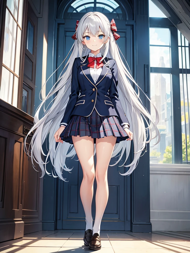 masterpiece, best quality, extremely detailed, anime, 1girl solo girl, straight long hair, silver hair, light blue eyes, school uniform, navy blazer, red bow tie, dark brown plaid skirt, pleated skirt, tights, loafers, long sleeves, slender, small breast, slimmer thighs, beautiful detailed face and eyes, calm, smile, tidy, standing figure, full body, no background