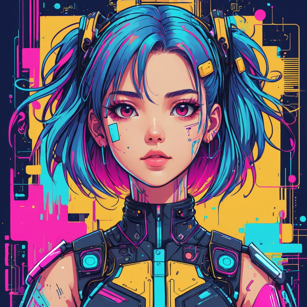 cheered up, A girl, kawaii, cyberpunk, showy, ink paint line art, vector art, thick lines, glitch art, Flat colors, Clave visual, Vibrant, Technical drawing, line art, minimalist, Masterpiece,