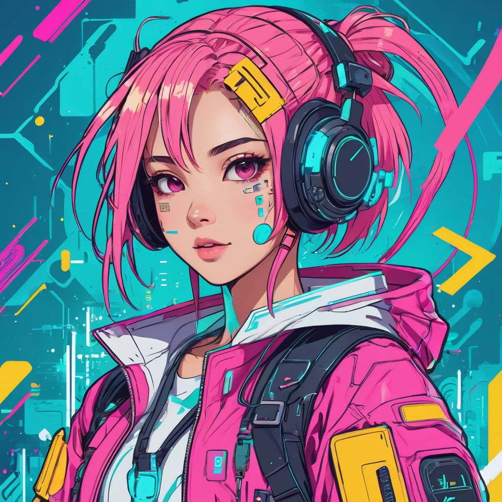 cheered up, A girl, kawaii, cyberpunk, showy, ink paint line art, vector art, thick lines, glitch art, Flat colors, Clave visual, Vibrant, Technical drawing, line art, minimalist, Masterpiece,