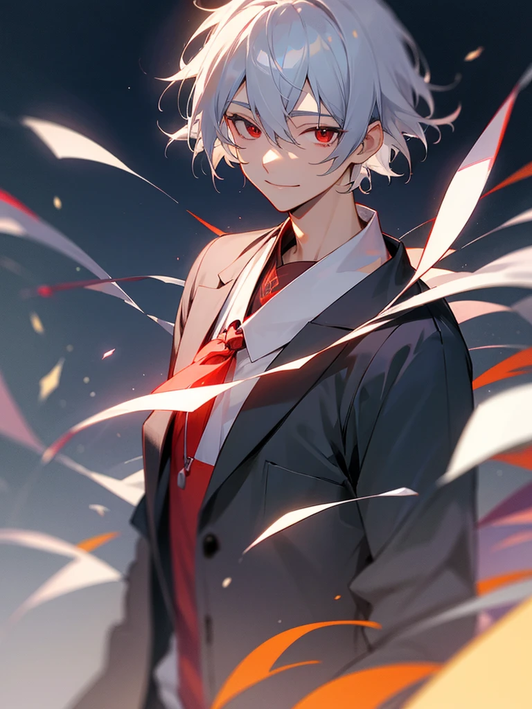 high resolution,2d,Cool guy,20th Generation,short hair,Silver Hair,Red eyes,yukata,smile、Upper Body、Night Festival、walking、
