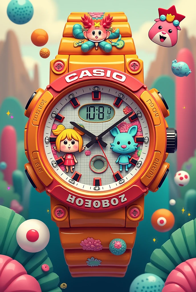 Put 10 new elements on casio chain watch in cartoon style

