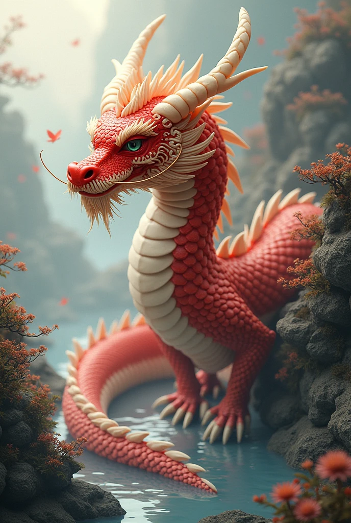 1 red asian dragon,Cream horn,the east,cool,red mane,Cream Eyebrow Horn,cool