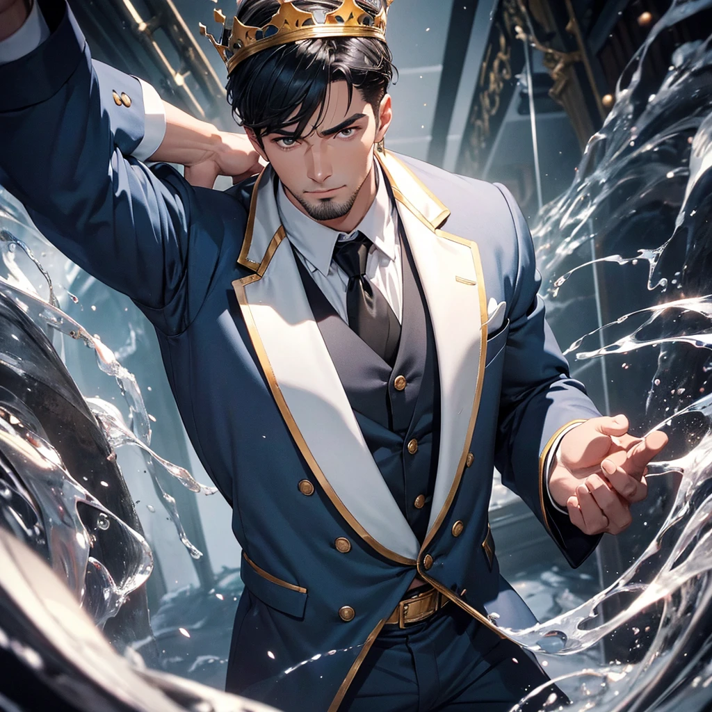 34age, 23m tall, king, giant, small crown in hand, muscular face, body builder, muscular, male pecs, big butt, monster bulge in crotch, huge body, dark blue jacket suit, big bulging dark blue pants, white shirt, hairy arms, hairy legs, black shoes, smooth skin like almonds, black hair, gray eyes, small town, macro