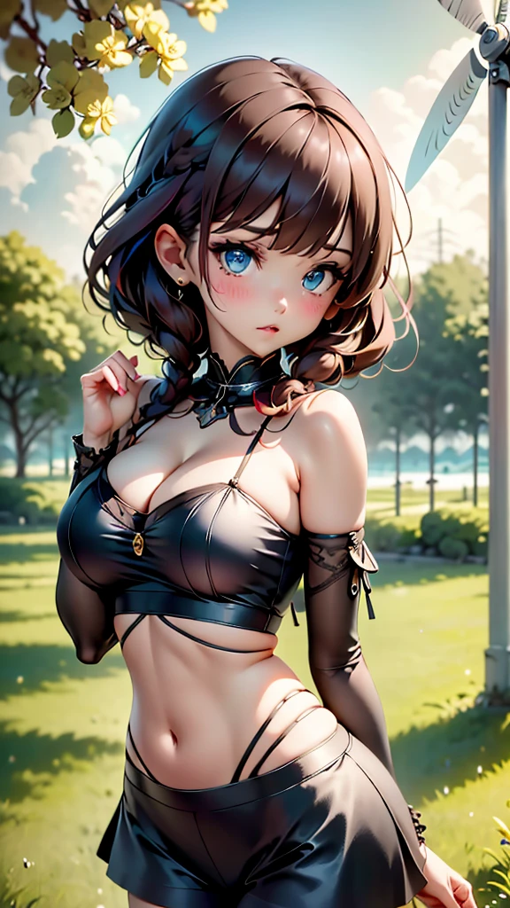 1girl, long bangs, wavy brown hair, big breasts, blue eyes, strap top, micro shorts, off-shoulder, (windmill scenery), lying on grassfield, shy, blushing, one hand touching cheek, (masterpiece:1.2), (best quality:1.2), (very aesthetic:1.2), (absurdres:1.2), (detailed background),newest, perfect anatomy, ai-generated, intricate details, safe,,shine colorful, 