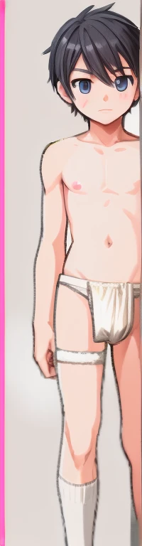 A cute, slightly tall elementary school boy is standing blushing with a white loincloth wrapped around his crotch.。