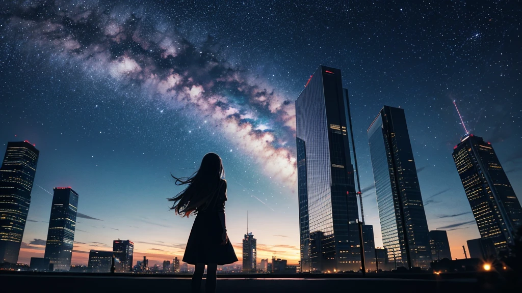 octane, no, star (no), sight, starry no, night, one girl, night no, alone, outdoor, building, cloud, Milky Way, seat, wood, long hair, city, silhouette, cityscape
