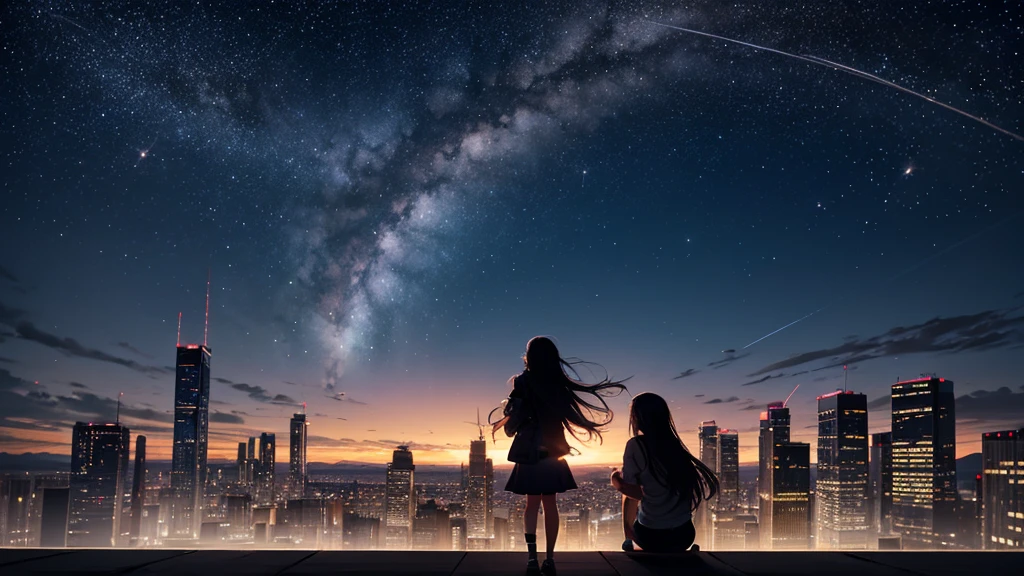 octane, no, star (no), sight, starry no, night, one girl, night no, alone, outdoor, building, cloud, Milky Way, seat, wood, long hair, city, silhouette, cityscape