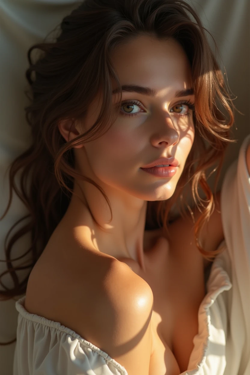 femme réaliste texture de peau détaillée, Beaux traits du visage, long cils, lèvres brillantes, doigts délicats, silhouette élégante, literie de luxe en soie, éclairage doux, composition cinématographique, Couleurs vives, Photoréaliste, 8k, Haute qualité