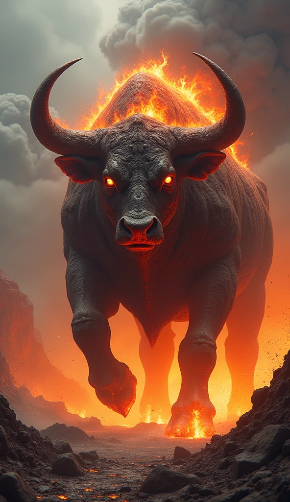 Gigantic dangerous and horrific cross between bull and magma with scary background