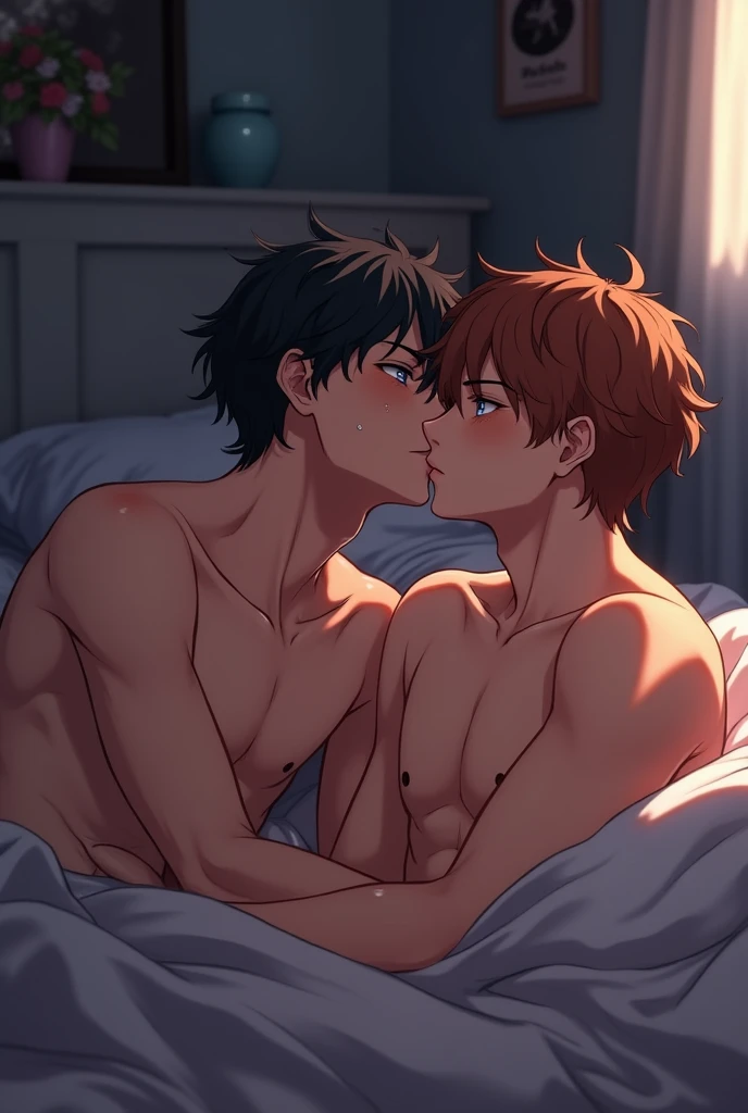 Attractive anime boy kissing another boy, boy love, hot, romantic, handsome, romantically, sweat, in the bedroom on the bed, pinning one other, Korean