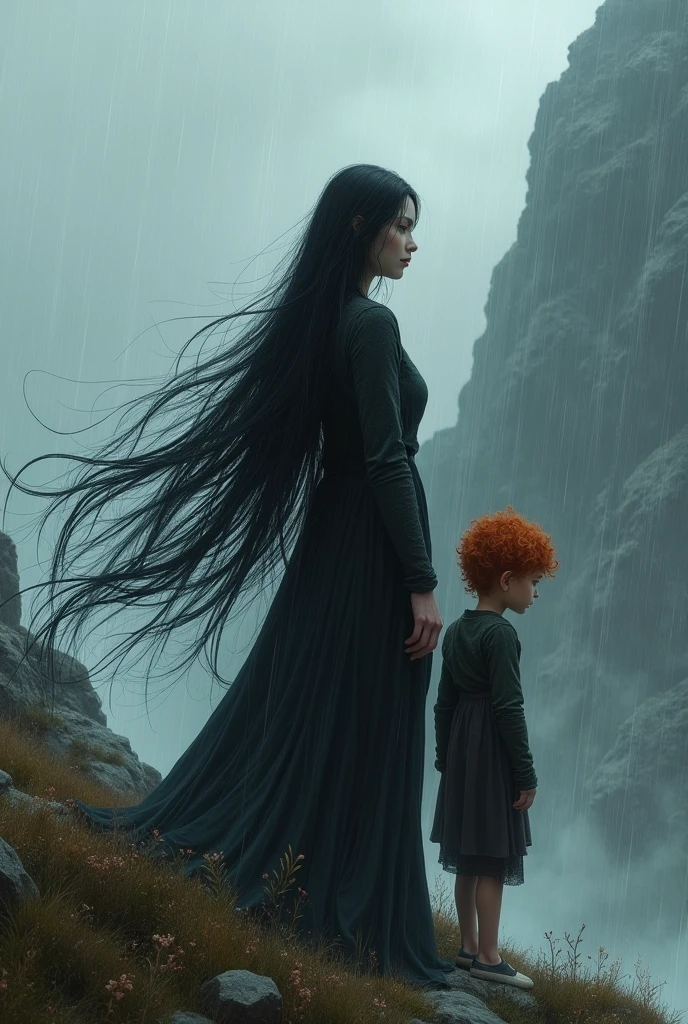 On a mountain, in rainy weather, a woman with very very long black hair and white skin and behind her stands a small boy child with curly red hair
