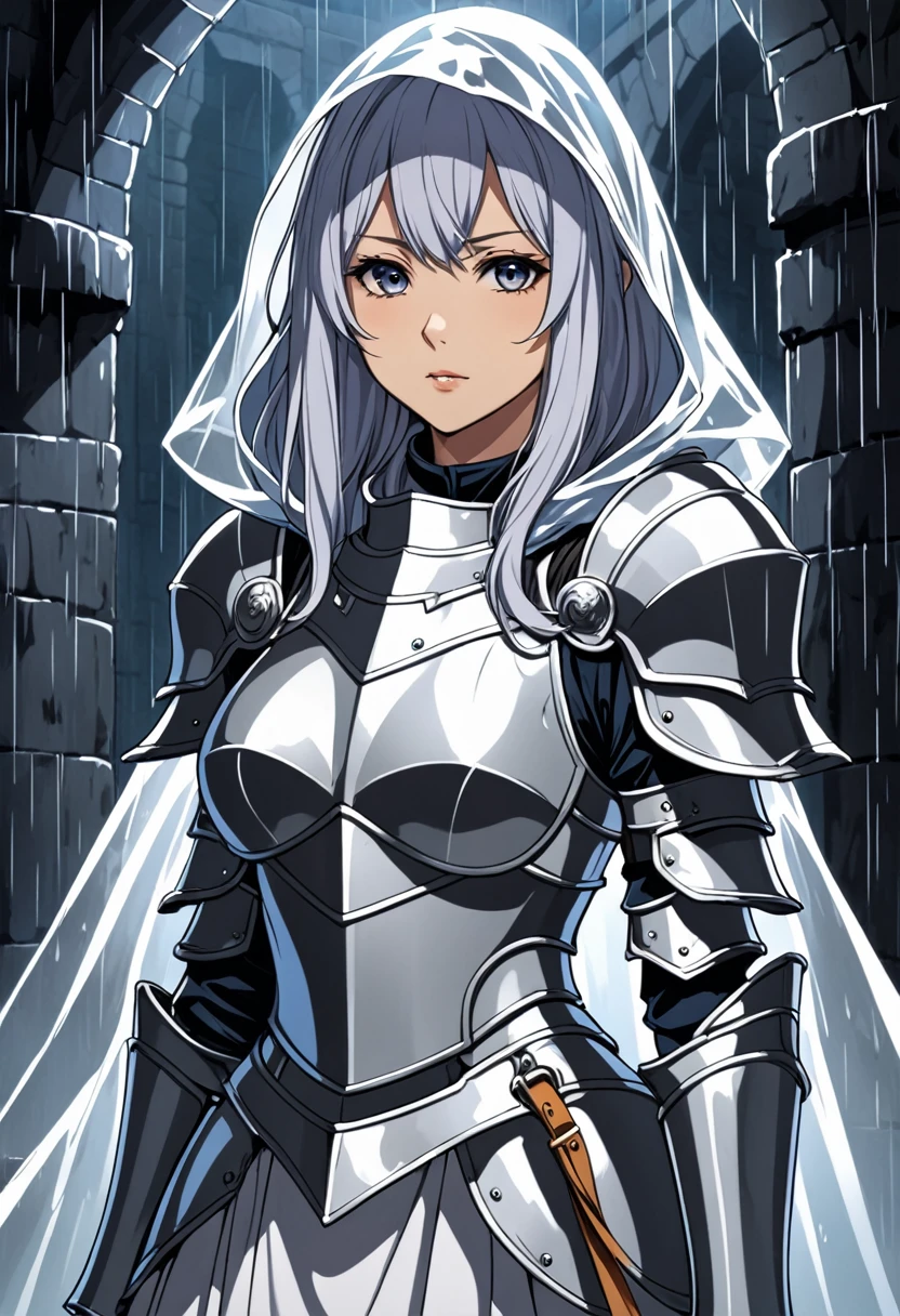 anime style, highest quality, ghost woman, in female knight armor with chest plate, with a raincoat, stands in the dungeon, fantasy, portrait