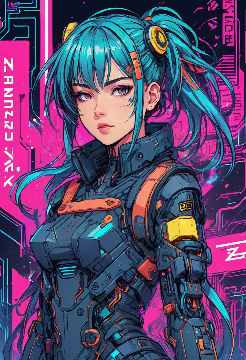 A charming cyberpunk anime girl, intricate ink line art, vibrant vector illustration, bold strokes, glitch art elements, flat color palette, dynamic key visual, technical schematics, minimalist linework, masterpiece