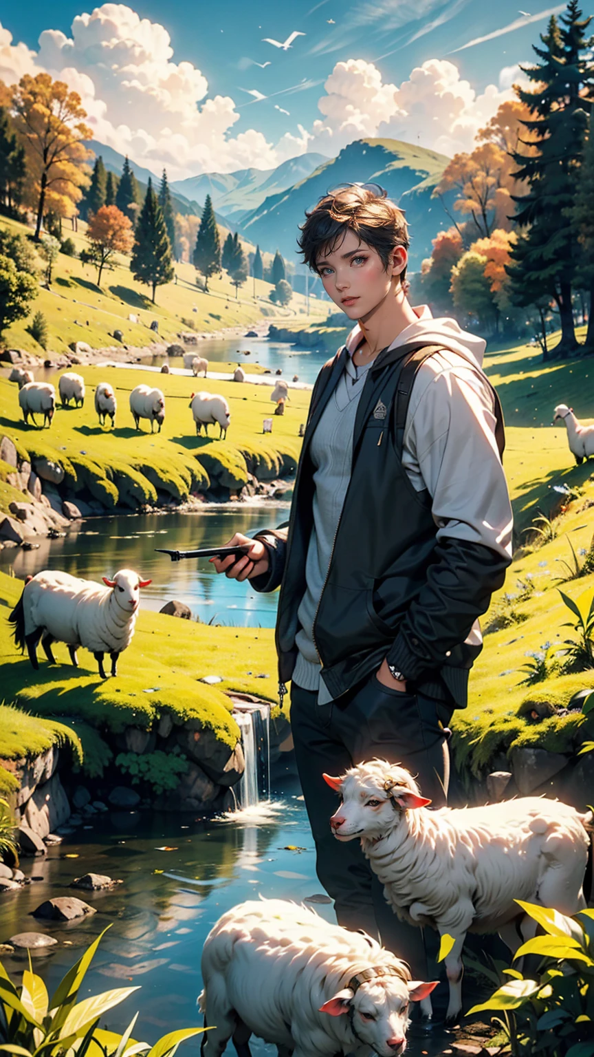 smali(24 year old Caucasian female)He makes his flock of white sheep rest by the stream, Near a vast green pasture, There is a valley of dark clouds in the distance, There's an abyss beneath the valley, Dark Clouds of the Abyss, HD detailed, Super detailed, Soft Light, Deep focus bokeh, Ray Tracing. --v6、Attractive Young Woman, (Beautiful Face:1.1), Detailed eyes, Seductive lips, (eye make up:1.2), (Medium chest:1.0), (Toned body:1.2), Sexy proportions、Narrow waist、Platinum Blonde