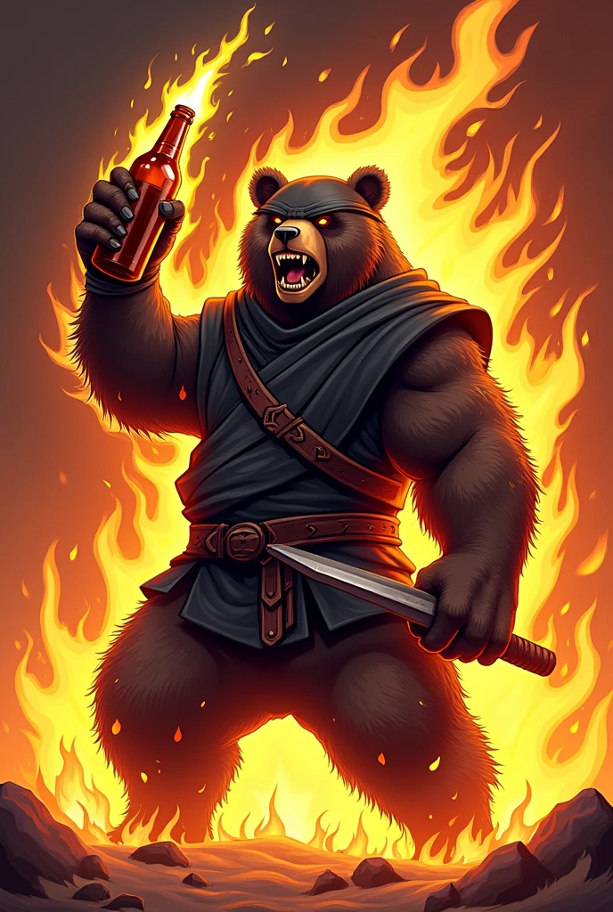 Angry ninja bear in flames holding bottle of beer cartoon