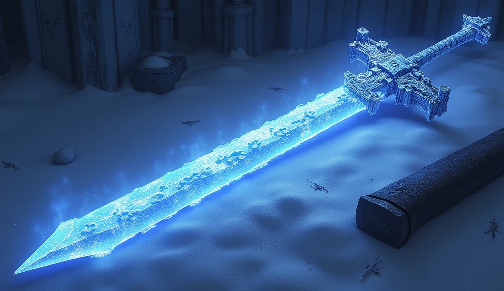1The long sword of the book、A sword large enough for a human to hold、Realistic、With icy blue reflections. The handle is very elegantly decorated、It's like it's made of ice. The top of the blade has bear paw prints engraved on it.、Snow Mountain、The sheath is long、The sword is on the ground、night、It emits a purple miasma、Radiant、Rare drop item found at the very back of the dungeon