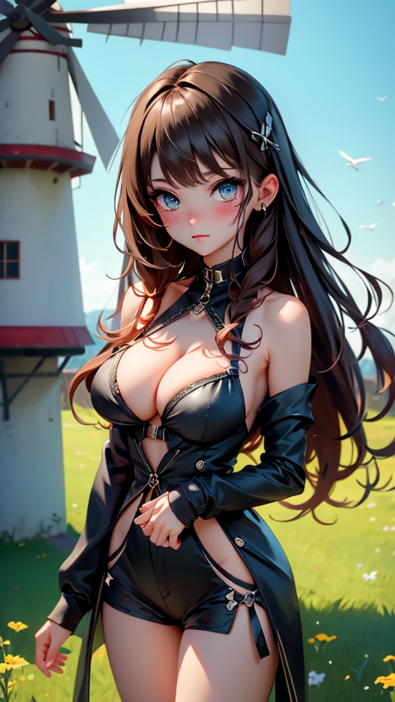1girl, long bangs, wavy brown hair, big breasts, blue eyes, strap top, micro shorts, off-shoulder, (windmill scenery), lying on grassfield, shy, blushing, one hand touching cheek, (masterpiece:1.2), (best quality:1.2), (very aesthetic:1.2), (absurdres:1.2), (detailed background),newest, perfect anatomy, ai-generated, intricate details, safe,,shine colorful,