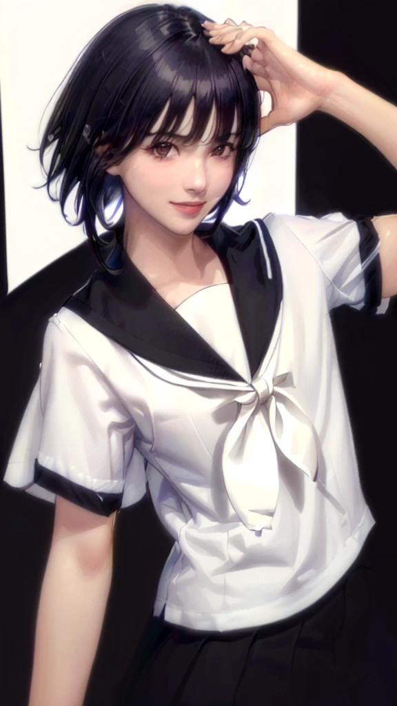 (（（Perfect body,White and tender skin,（（（JK_style，short-sleeved JK_shirt，short-sleeved JK_sailor，JK_suit，JK_tie ）））,（（（sui-feng, short hair, short hair with long locks，Black hair））），((masterpiece)),high resolution, ((Best quality at best)),masterpiece,quality,Best quality,（（（ Exquisite facial features,Looking at the audience,There is light in the eyes,Smile））），）））,（（（Light and shadow,Small chest，）））,（（（Looking at the camera,black background,)））),