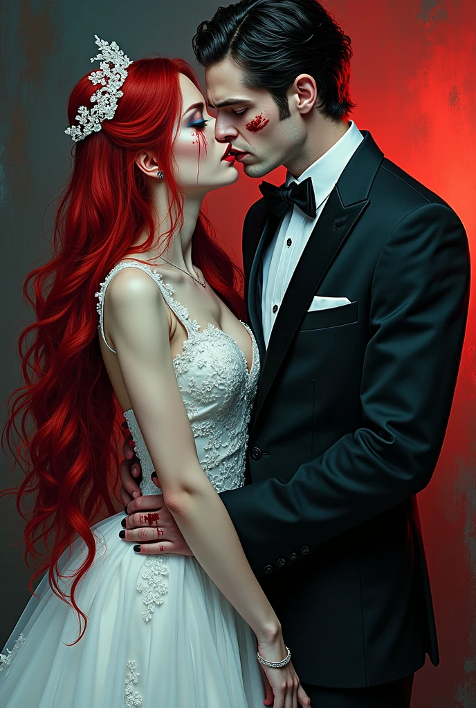 a dark fantasy comic picture of a ((vampire bride: 1.5)),  biting her groom, a female vampire bride, vampire female in a leather white wedding dress with bloody gown ), best detailed face,  blood on face, ultra feminine, pale skin, red haired, long hair, wedding hair cut style, blue eyes, red glowing eyes, wearing (white leather wedding dress: 1.4) bloody gown, (wearing white high heels: 1.4), in the honeymoon suite, biting the the groom, bloody face, BREAK a beautiful human man, ultra detailed face (best details, Masterpiece, best quality: 1.4), wearing a wedding tuxedo, honeymoon suite background, vibrant, Ultra-high resolution, High Contrast, (masterpiece:1.5), highest quality, Best aesthetics), best details, best quality, highres, 16k, [ultra detailed], masterpiece, best quality, (extremely detailed)