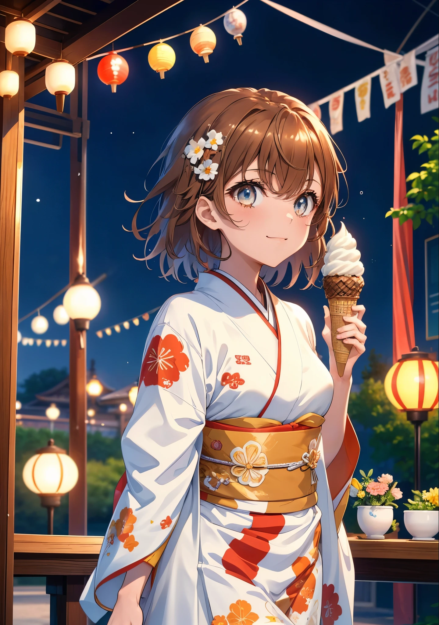 Mycotrose, Brown eyes,Brown Hair,short hair,One side up,Flower Hair Ornaments,Open your mouth,smile,White Kimono,Long skirt,Sandals,Holding ice cream in one hand,日本のfestival,夏festivalの屋台,Red lantern,whole bodyがイラストに入るように,night,
break looking at viewer,whole body,                 　　　　　break outdoors, festival,shrine,                                                             break (masterpiece:1.2), Highest quality, High resolution, unity 8k wallpaper, (shape:0.8), (Beautiful and beautiful eyes:1.6), Highly detailed face, Perfect lighting, Extremely detailed CG, (Perfect hands, Perfect Anatomy),