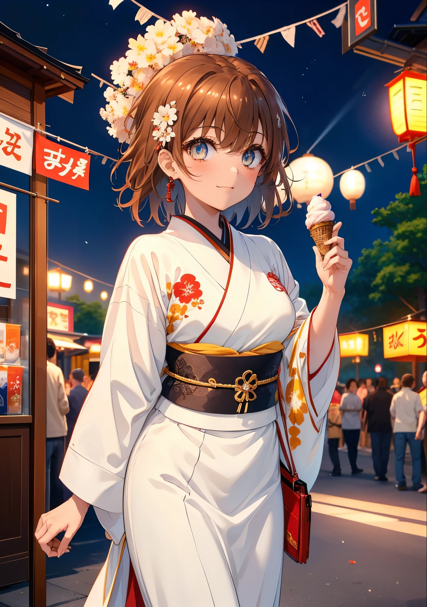 Mycotrose, Brown eyes,Brown Hair,short hair,One side up,Flower Hair Ornaments,Open your mouth,smile,White Kimono,Long skirt,Sandals,Holding ice cream in one hand,日本のfestival,夏festivalの屋台,Red lantern,whole bodyがイラストに入るように,night,
break looking at viewer,whole body,                 　　　　　break outdoors, festival,shrine,                                                             break (masterpiece:1.2), Highest quality, High resolution, unity 8k wallpaper, (shape:0.8), (Beautiful and beautiful eyes:1.6), Highly detailed face, Perfect lighting, Extremely detailed CG, (Perfect hands, Perfect Anatomy),