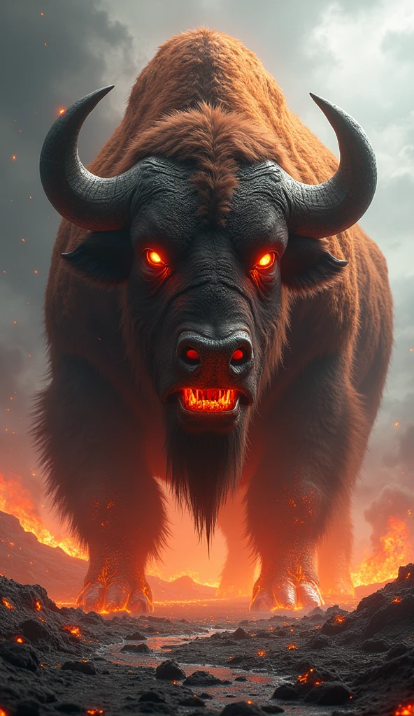 Gigantic dangerous and horrific cross between bison and magma with scary background