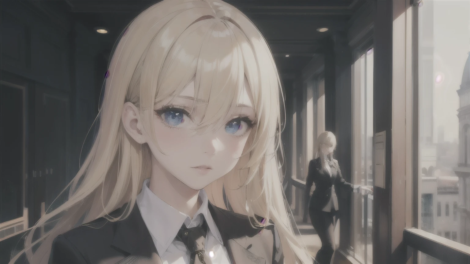 European girl portrait,alone,20-year-old,Beautiful Face,Upper Body,Hair on one eye,Medium Sidecut, Blonde, Sharp focus,Black business suit