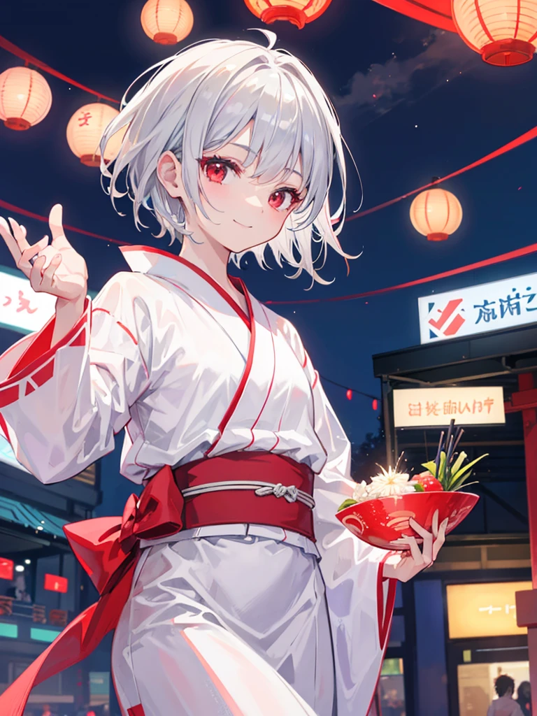 high resolution,2d,Cool guy,20th Generation,short hair,Silver Hair,Red eyes,yukata,smile、Upper Body、Night Festival、walking、
