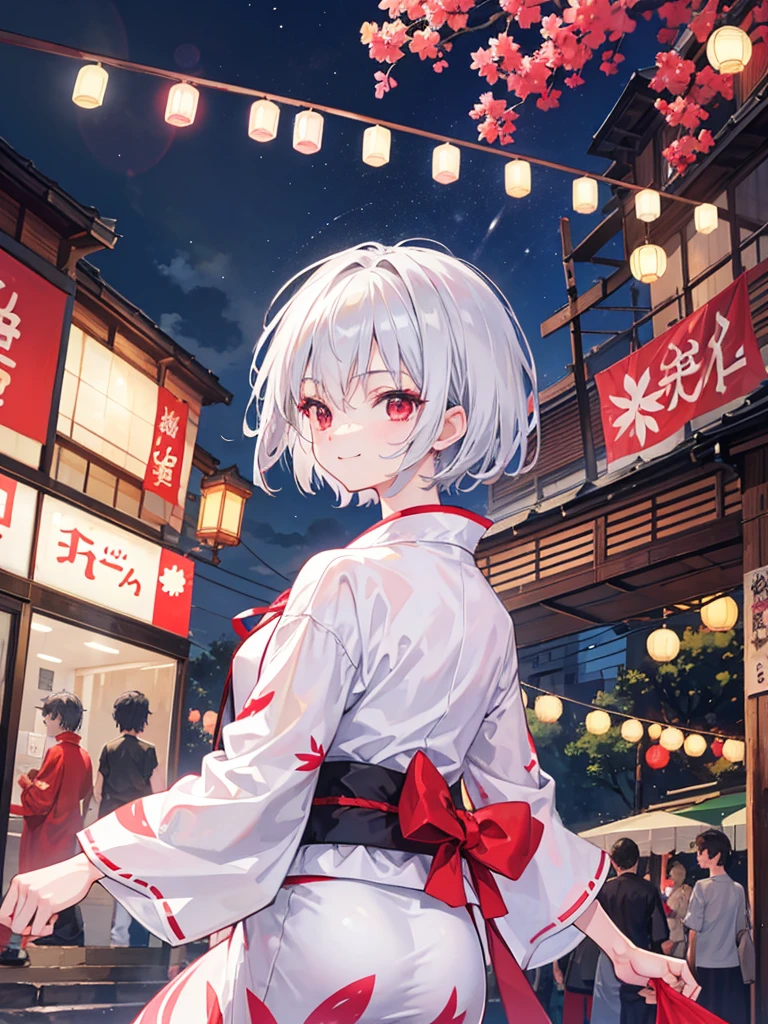 high resolution,2d,Cool guy,20th Generation,short hair,Silver Hair,Red eyes,yukata,smile、Upper Body、Night Festival、walking、