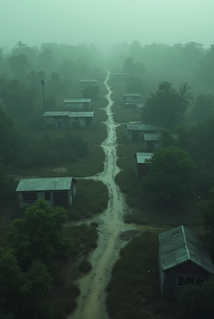 An aerial view of Jonestown after the tragedy, with abandoned structures and stillness in the air.