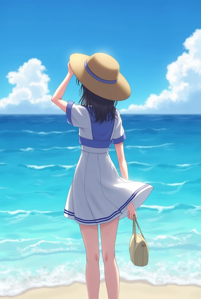 anime Ocean beautiful girl Straw hat Back view One person Large background Hold by hand