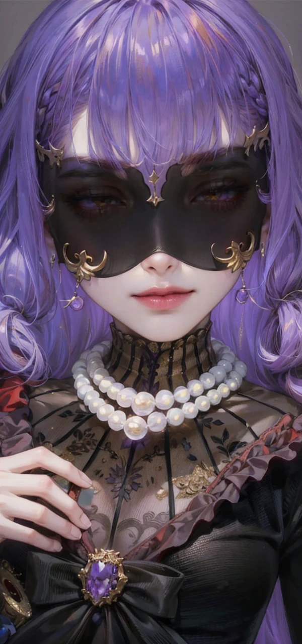 (masterpiece, top quality, best quality, official art, enchanting and aesthetic:1.2), 1female, violet hair, royal braided hair, golden yellow eyes, dark and red dress, red and gold jewelry, high quality details, 4k eyes, violet hair, long violet hair, very long hair