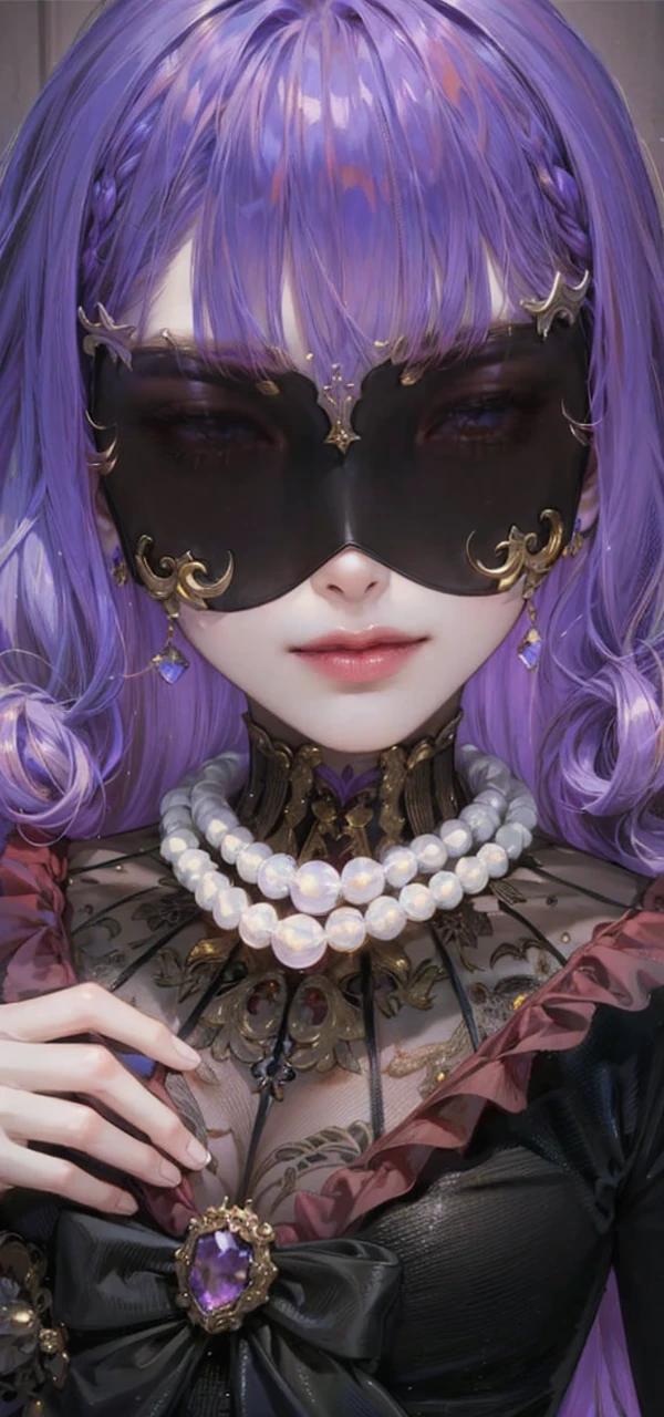 (masterpiece, top quality, best quality, official art, enchanting and aesthetic:1.2), 1female, violet hair, royal braided hair, golden yellow eyes, dark and red dress, red and gold jewelry, high quality details, 4k eyes, violet hair, long violet hair, very long hair