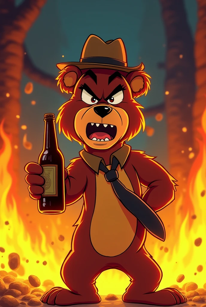 Angry yogi bear in flames holding bottle of beer cartoon