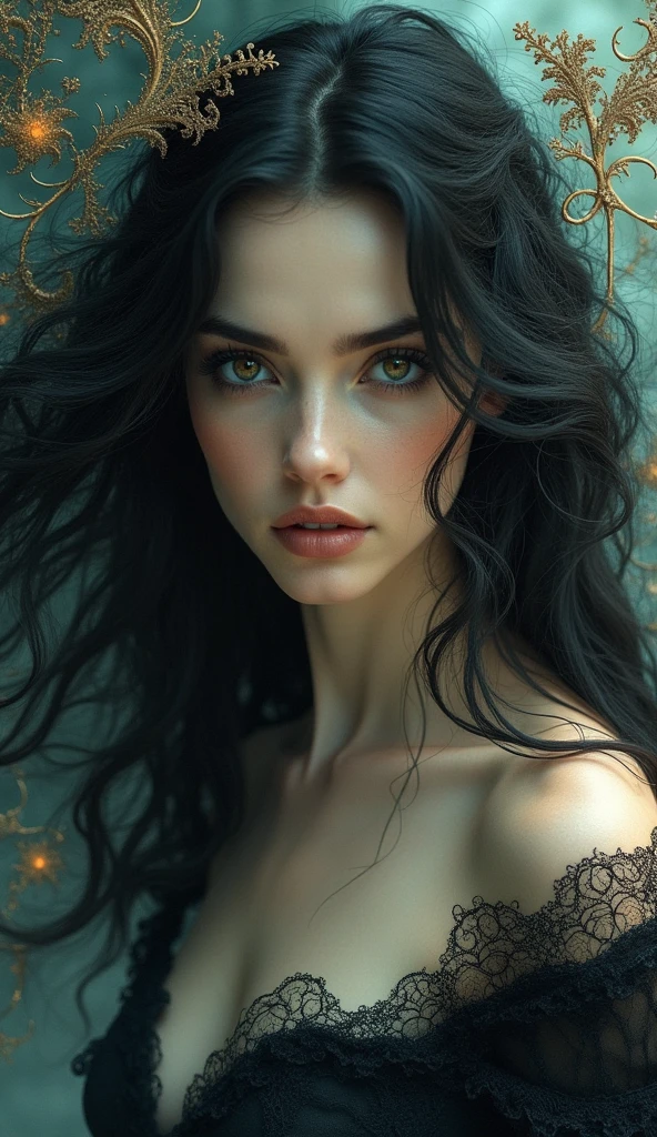 A mysterious beauty with dark, wavy locks and a smoldering stare, framed by delicate lace patterns and fractal designs.