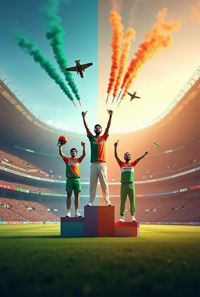 In background one stadium with colour of saffron, white and green. Where first half of image Indian cricket team celebrating T20 worldcup wining movment and second part of images Indian athelete medal winning movment in Paris Olympic 2024. On top along with clouds 3 fighting jet flying with releasing fogg in saffron, white and green colour respectively.