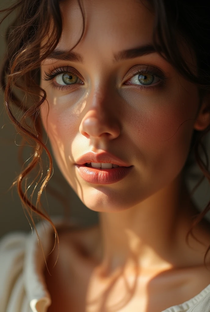 femme réaliste texture de peau détaillée, Beaux traits du visage, long cils, lèvres brillantes, doigts délicats, silhouette élégante, literie de luxe en soie, éclairage doux, composition cinématographique, Couleurs vives, Photoréaliste, 8k, Haute qualité