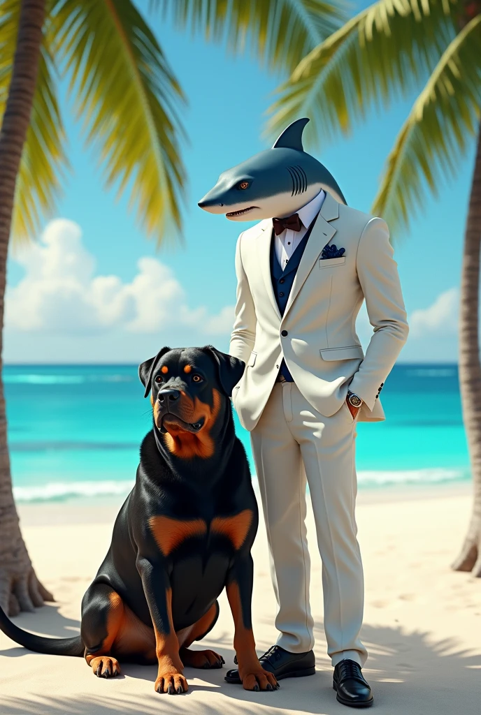 A shark boy gentleman on island with his rotweiler dog