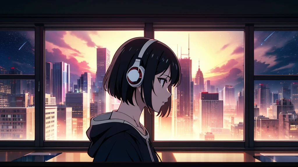 masterpiece, best quality, high quality, detailed, ultra detailed, hyper detailed, insanely detailed, exquisite, beautiful, FHD, Full-HD, 4K, 8K, 16K, highres, absurdres, skyscraper, city, a girl, intelligent, serious look, side view, I'm wearing headphones,short hair, black hair, black eyes, pale skin, beauty mark, in the room, with a window, with a starry sky, with a comet, at night, beautiful