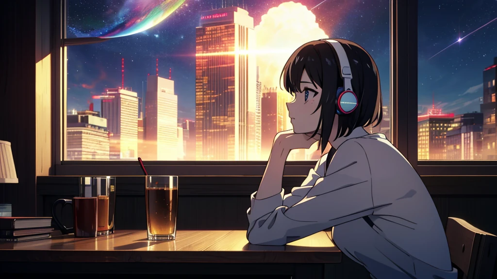 masterpiece, best quality, high quality, detailed, ultra detailed, hyper detailed, insanely detailed, exquisite, beautiful, FHD, Full-HD, 4K, 8K, 16K, highres, absurdres, skyscraper, city, a girl, intelligent, serious look, side view, I'm wearing headphones,short hair, black hair, black eyes, pale skin, beauty mark, in the room, with a window, with a starry sky, with a comet, at night, beautiful